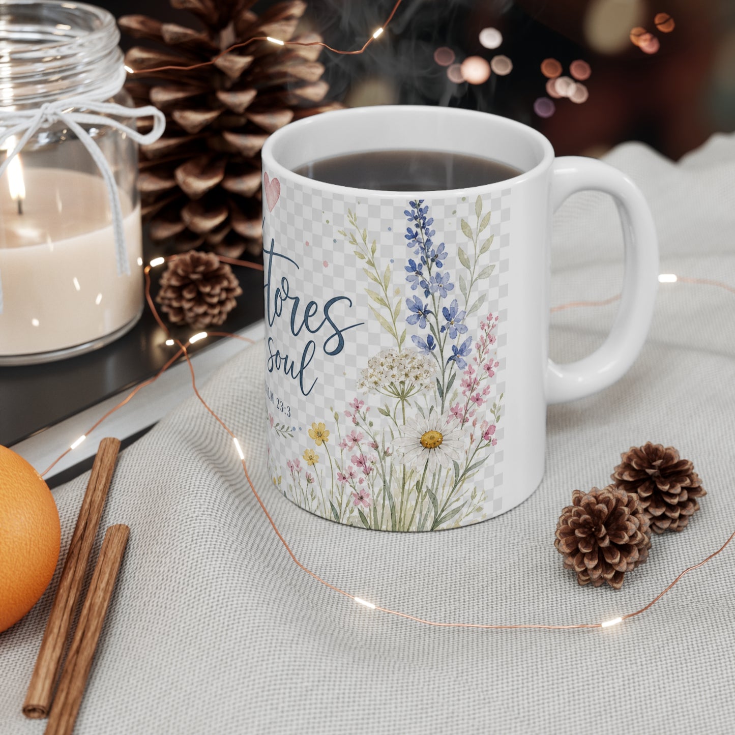 Psalm 23 'He Restores My Soul' 11oz White Mug — Wildflower Watercolor