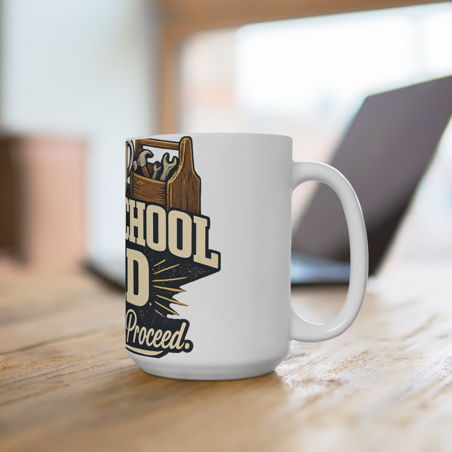 Homeschool Dad 15oz Mug — "Pray. Pour. Proceed." (Off-Black Retro Badge)
