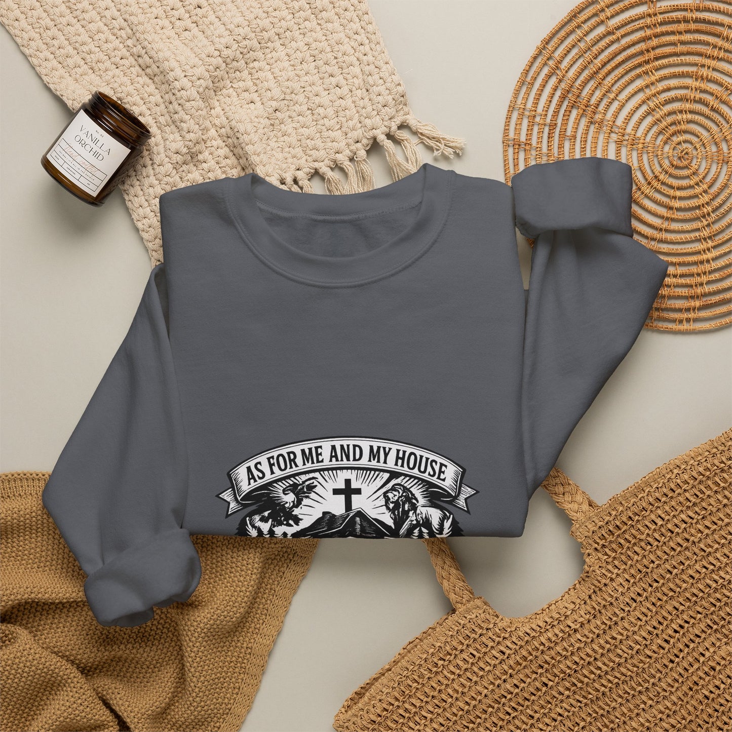Joshua 24:15 Woodcut Family Emblem Crewneck  Unisex Heavy-Blend Sweatshirt