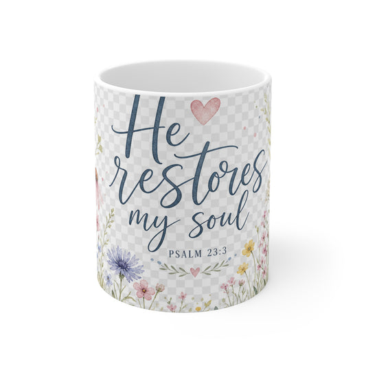 Psalm 23 'He Restores My Soul' 11oz White Mug — Wildflower Watercolor