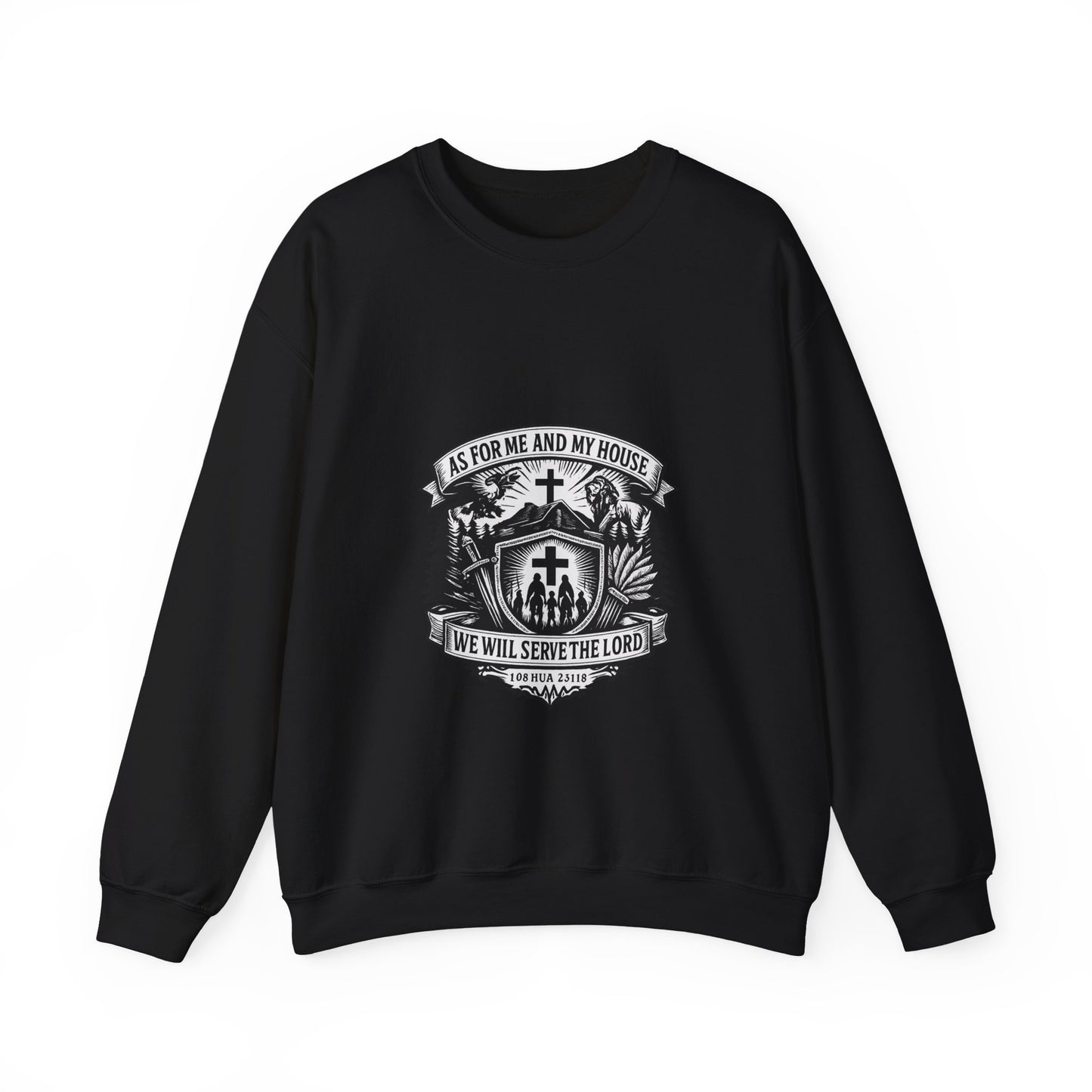 Joshua 24:15 Woodcut Family Emblem Crewneck  Unisex Heavy-Blend Sweatshirt