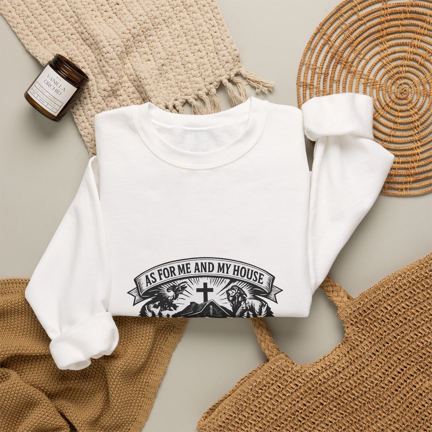 Joshua 24:15 Woodcut Family Emblem Crewneck  Unisex Heavy-Blend Sweatshirt