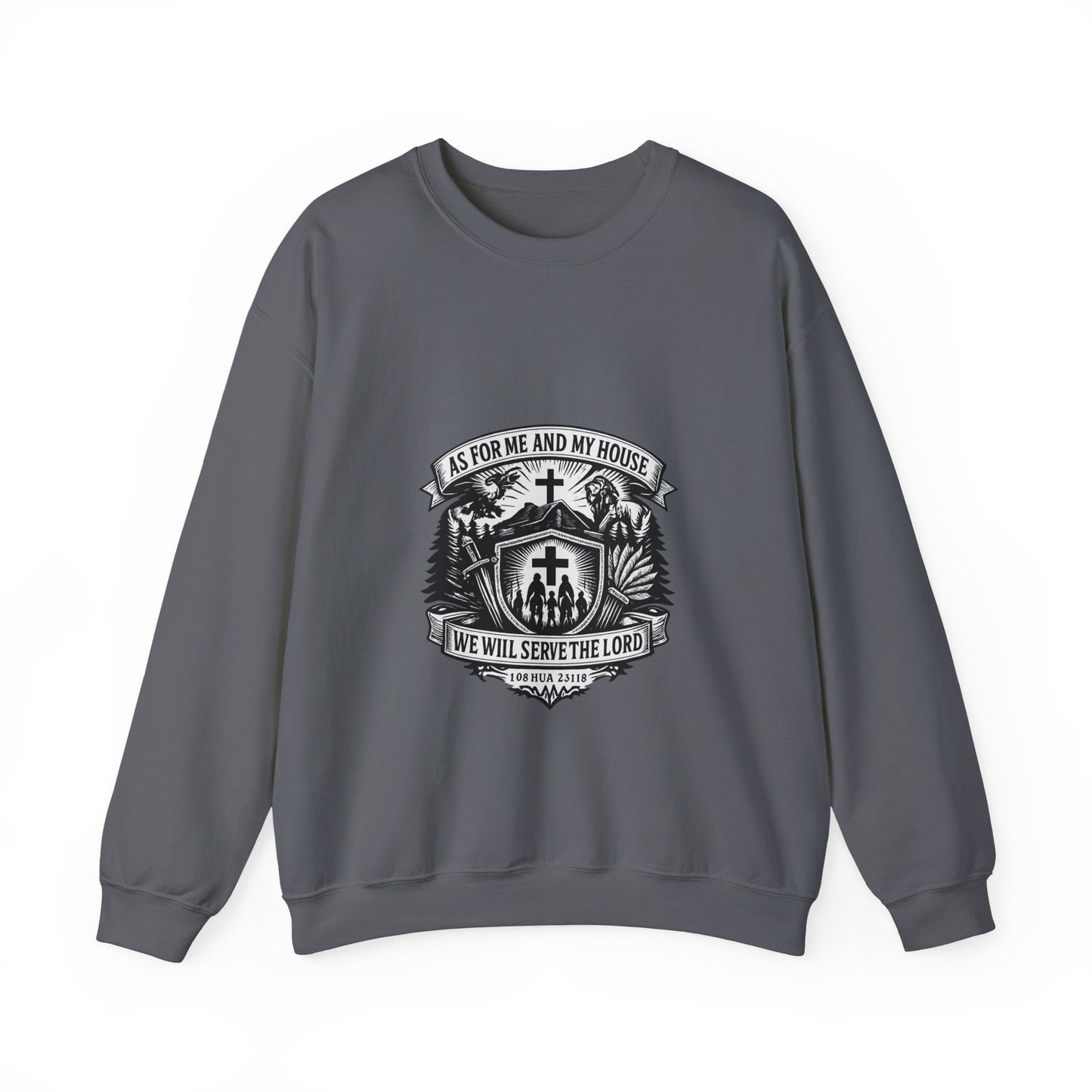Joshua 24:15 Woodcut Family Emblem Crewneck  Unisex Heavy-Blend Sweatshirt