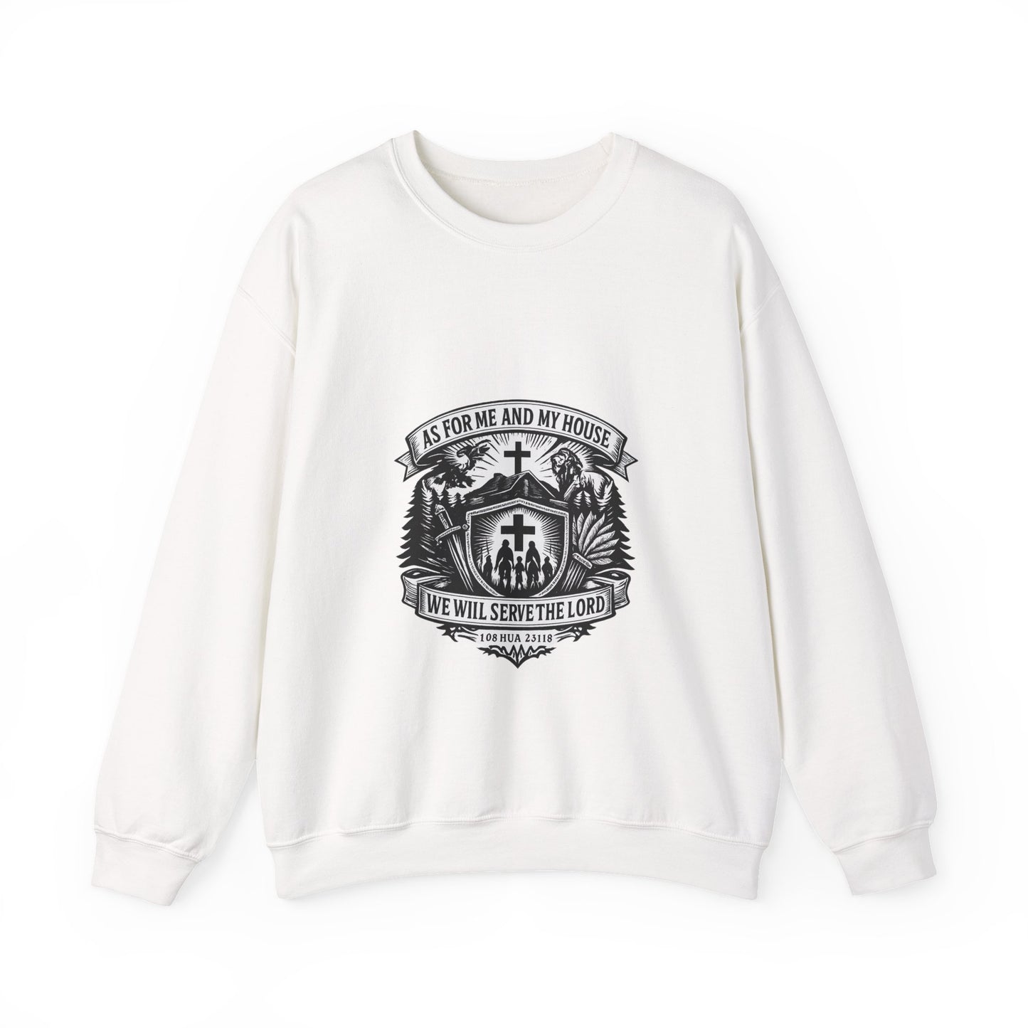 Joshua 24:15 Woodcut Family Emblem Crewneck  Unisex Heavy-Blend Sweatshirt
