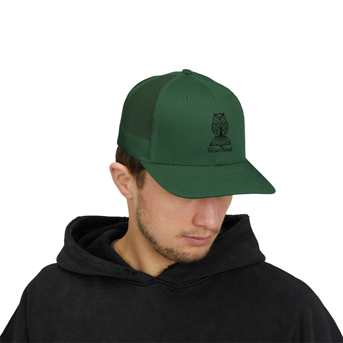 Owl Logo Snapback Trucker Cap — "Wise Wood" Embroidered Mesh Hat