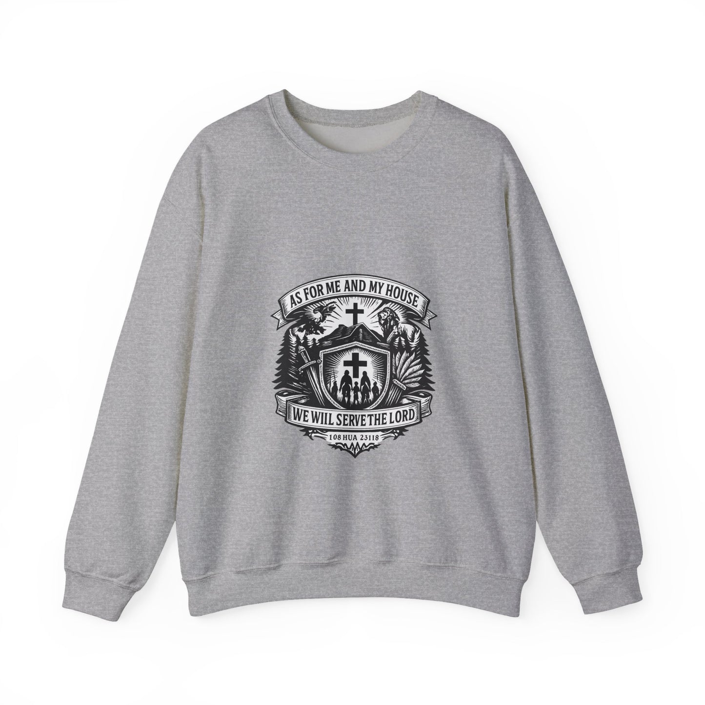 Joshua 24:15 Woodcut Family Emblem Crewneck  Unisex Heavy-Blend Sweatshirt
