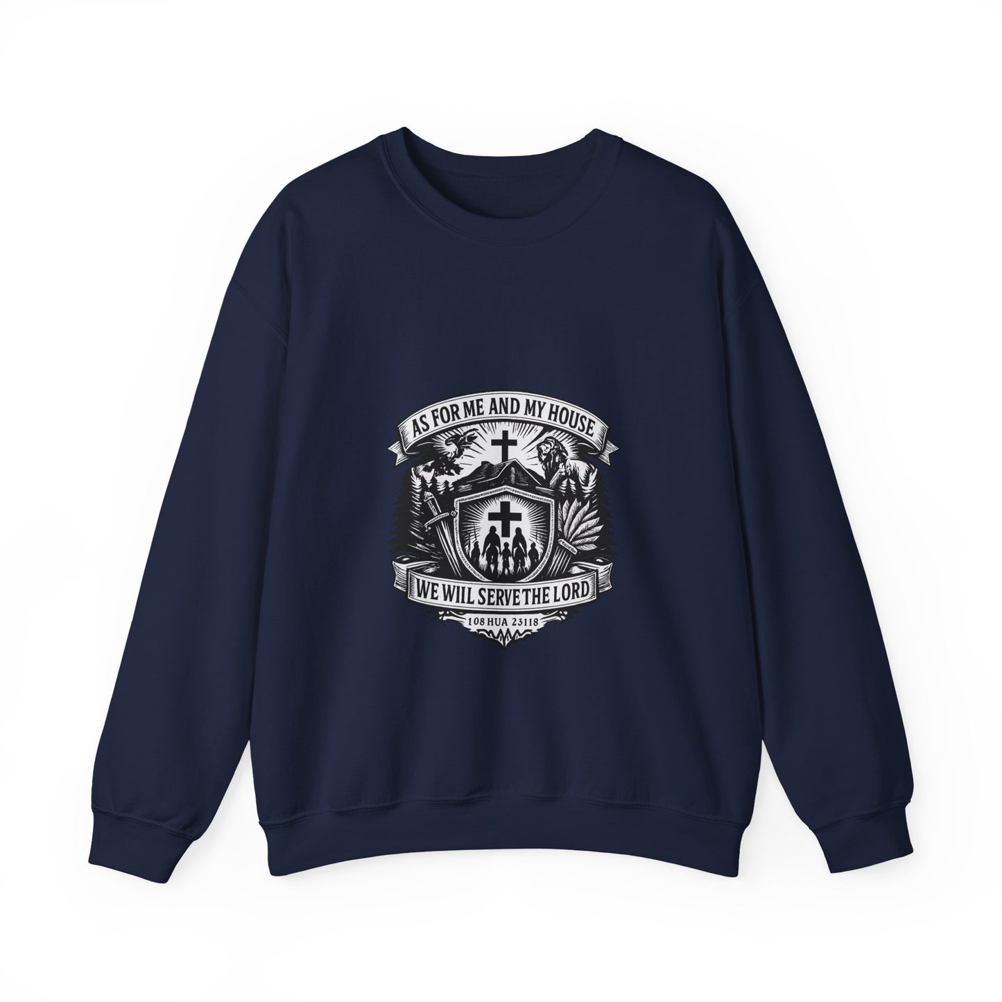 Joshua 24:15 Woodcut Family Emblem Crewneck  Unisex Heavy-Blend Sweatshirt